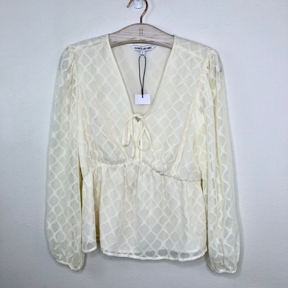 Elizabeth and James Boho Cream Balloon Sleeve Top Small Textured Sheer Peasant S - Picture 1 of 4